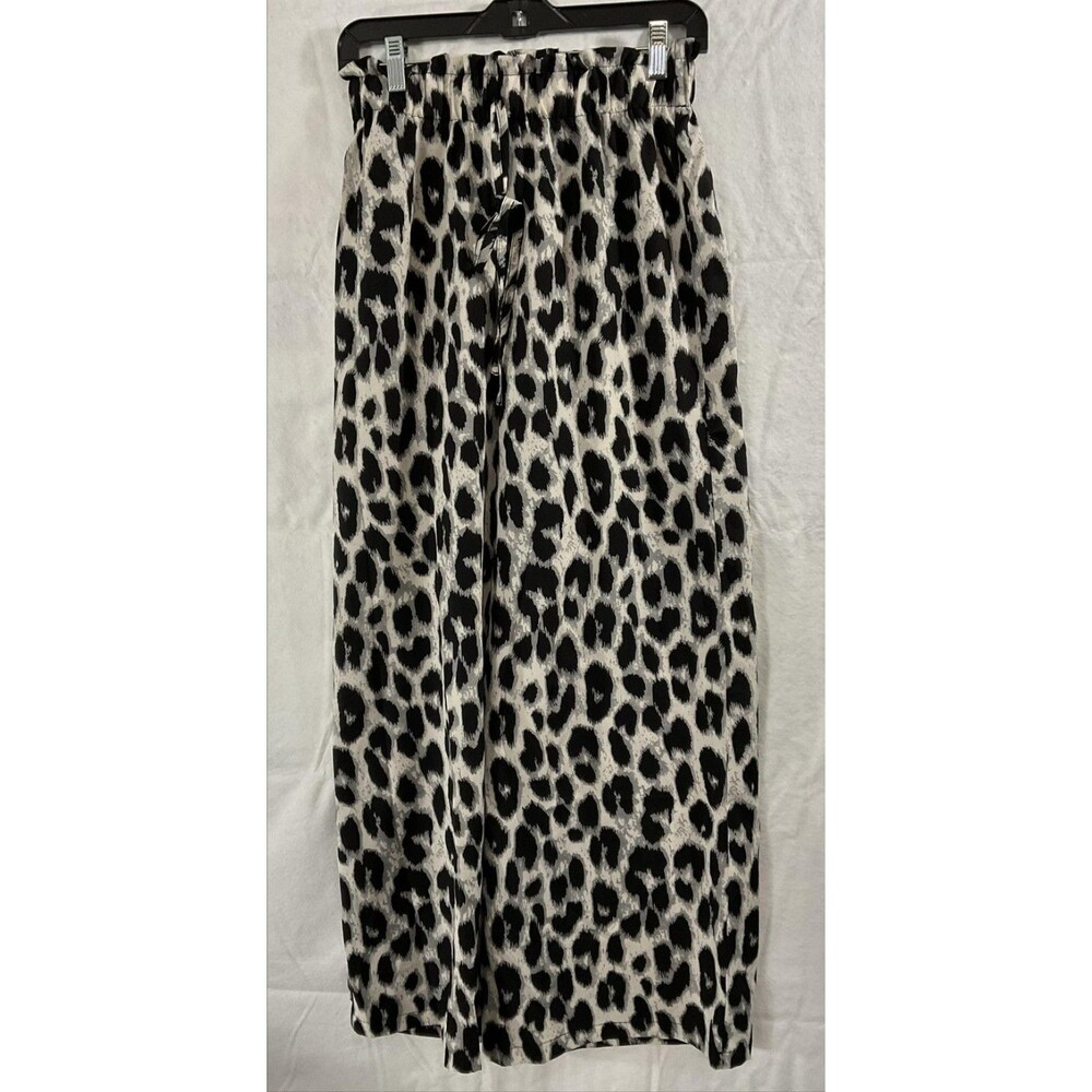 FimarSted Pants Womens Small Black Leopard Print Paperbag Wide Leg Soft Pull On